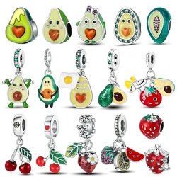 925 Sterling Silver Fashion Avocado Strawberry Cherry Fruit Series Charms Bead Fit  Original Bracelets DIY Jewelry Making