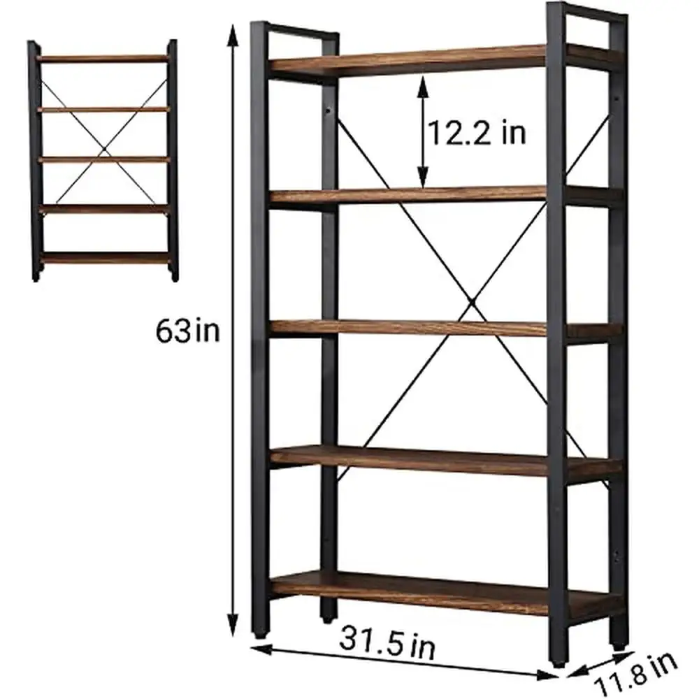 Industrial Vintage 5 Tier Solid Wood Metal Bookcase Etagere Shelf Scratch Resistant Real Wood Retro Brown 5-Shelf 31.5"x62.9