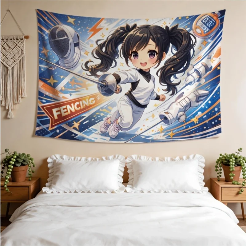 Cute Fencing Girl Tapestry, Anime Sport Wall Hanging, Kawaii Sword Art, Blue Bedroom Decor, Cool Teen Room Background, Gift