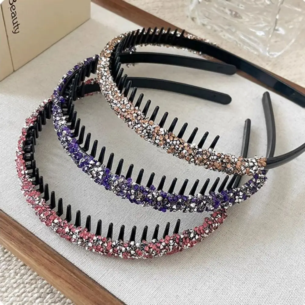 Cute Plastic Rhinestone Headband with Toothed Non-slip Thin Hairband Korean Style Shiny Hair Hoop Girl