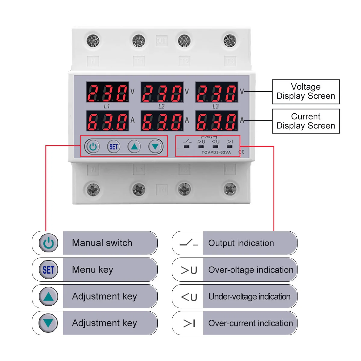 

1pcs Three-phase Voltage Relay 3P Ammeter Overvoltage 100A Without N 380V Voltmeter White Electrical Systems Electrical Supplies