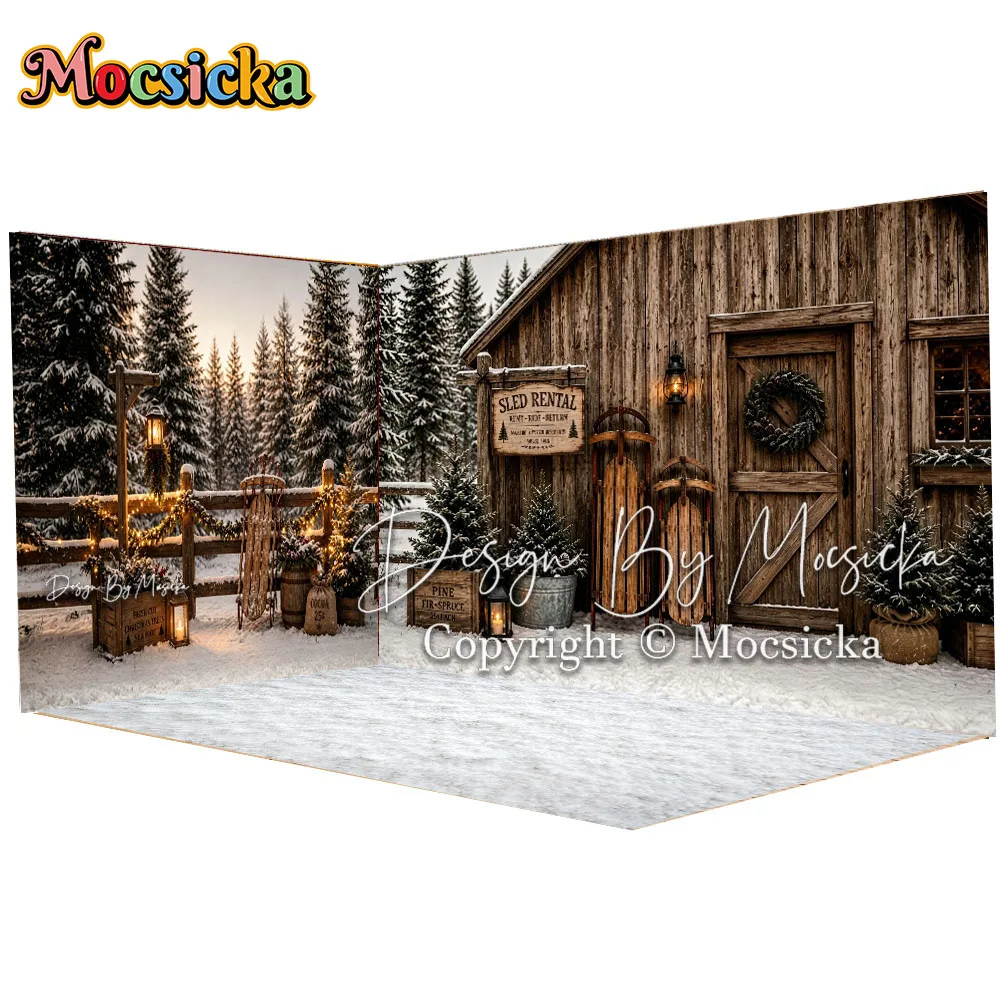 Mocsicka Christmas Wooden Barn Backdrop Photography Sled Lantern Snowy Pine Forest Vintage Fence Background Kids Studio Photo