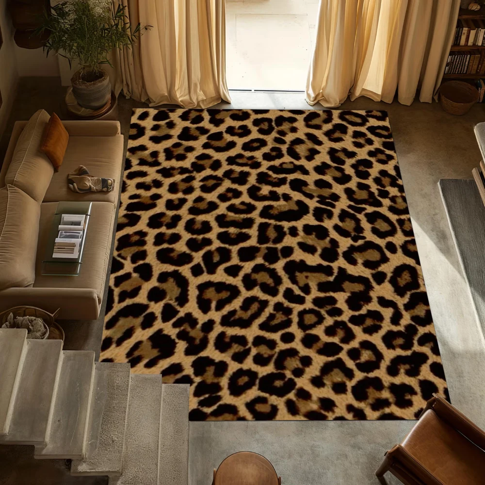 Classic Leopard Print Carpet Mat Rug - Black White Brown Animal Pattern Home Decoration for Living Room Bedroom Decor