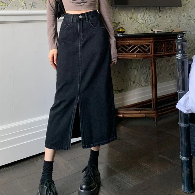 Retro Front Slit Denim Skirts Female Summer 2023 Casual Washed High Waist Long Skirt Women All-Match Design Street Midi Skirt