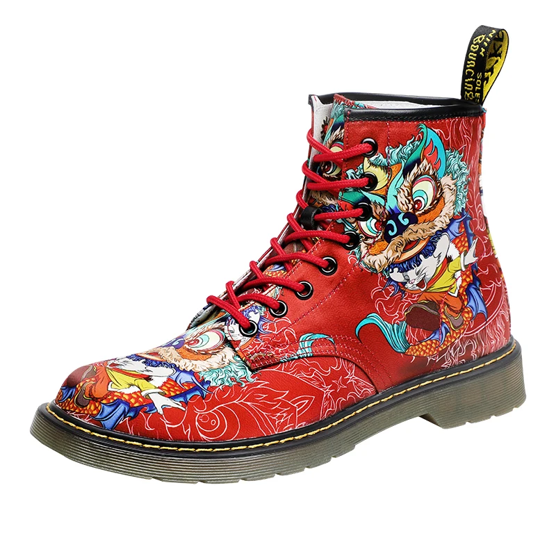 Chinese style [Kirin] printed red boots eight holes can not kick rotten canvas short boots men's national fashion tall work boot