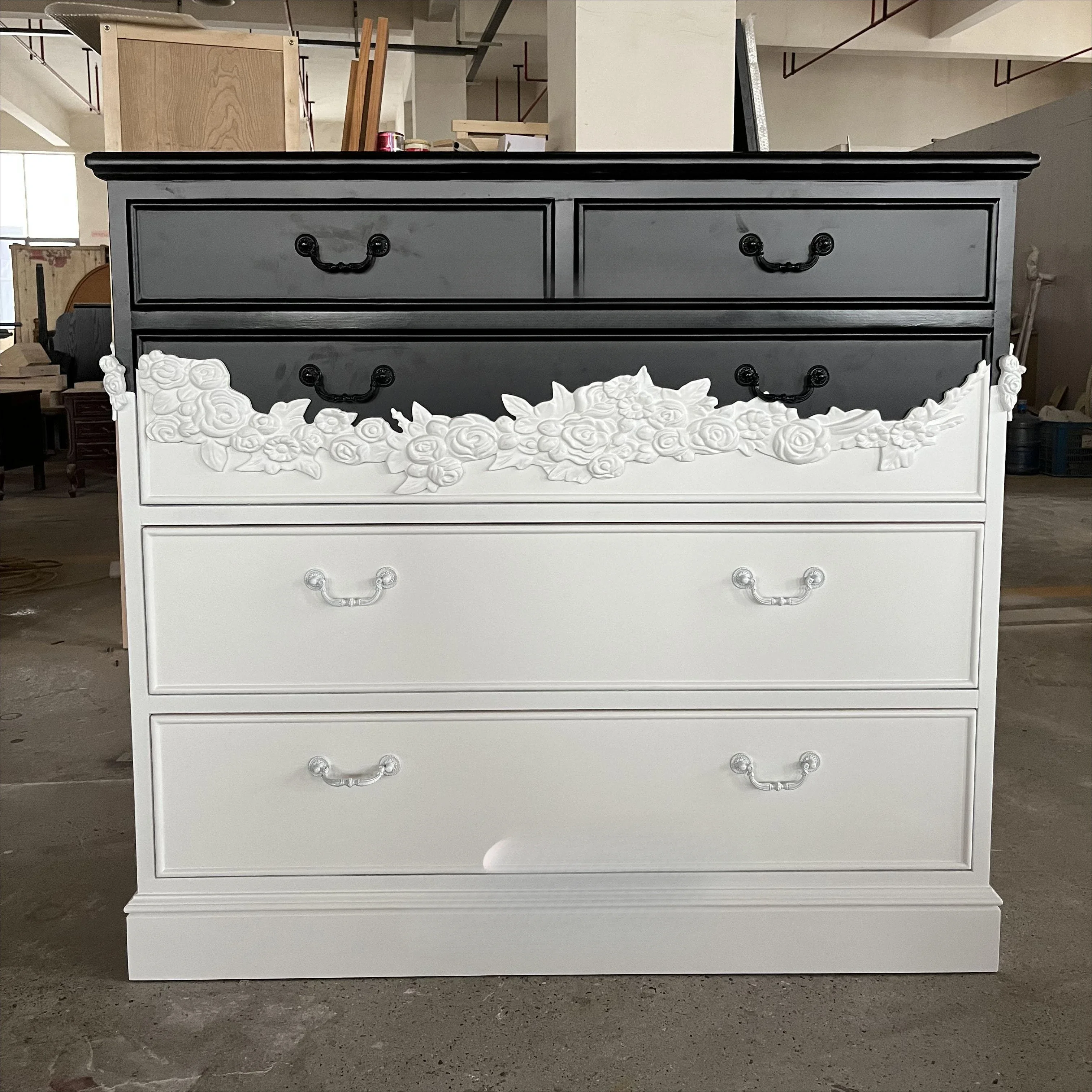 French retro solid wood carving flower chest cabinet light luxury double color art drawer, entrance cabinet storage locker