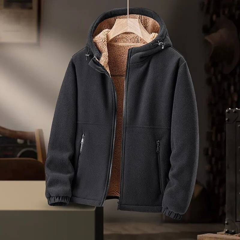 

Autumn/Winter New Fashion Solid Color Plus Fleece Thick Warm Hooded Coat Men's Casual Loose Plus Size Comfortable Jacket