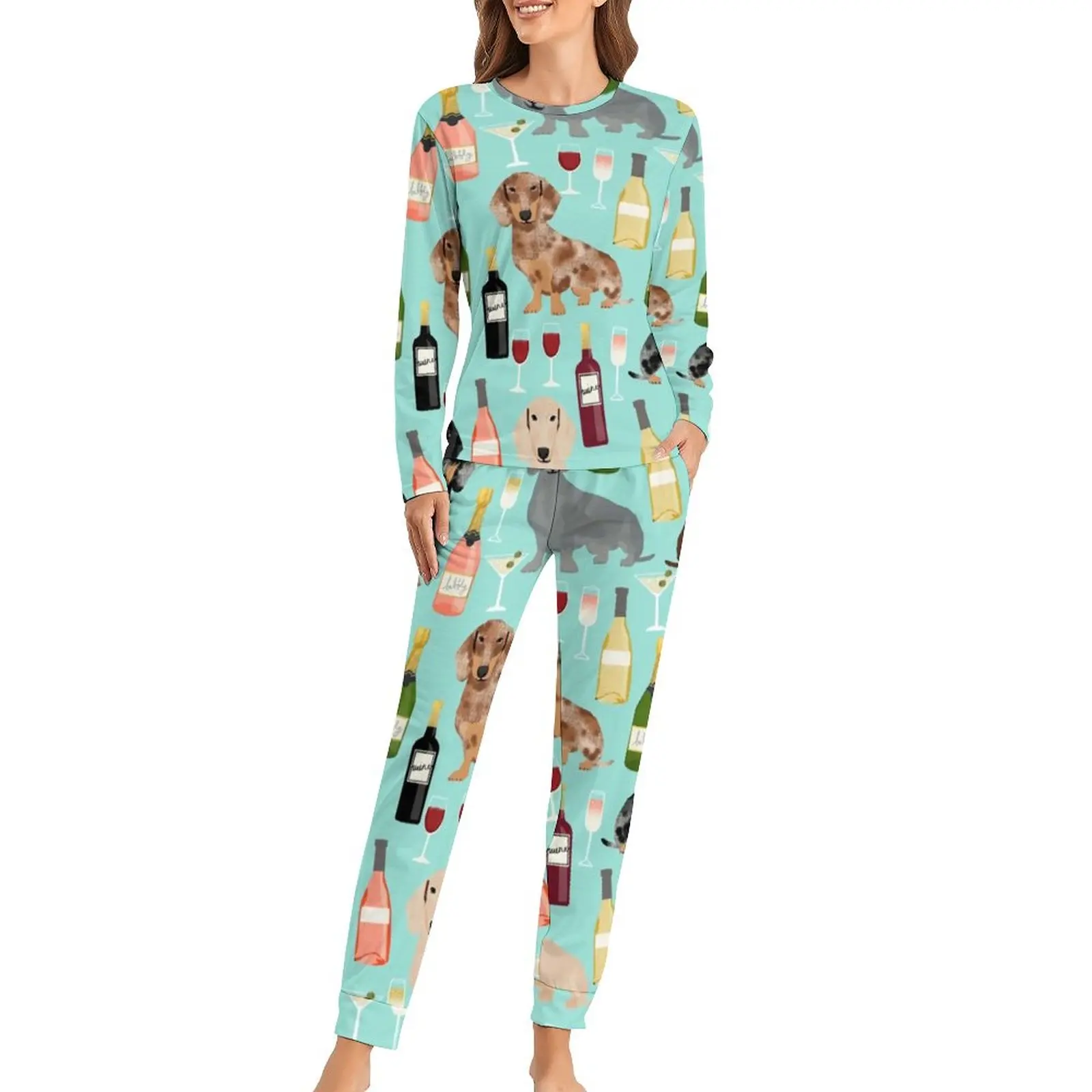 Dachshund Wine Pajamas Champagne Cocktails Room Oversized Sleepwear Women Pajama Set Hot Sale Long Sleeve Lovely Home Suit