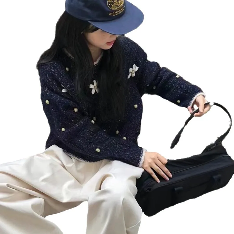 Knitted Women Pullovers Sweaters Casual Jumper 3D Floral Crochet O Neck Long Sleeves Loose Slight Strech Office Lady 2025 Autumn