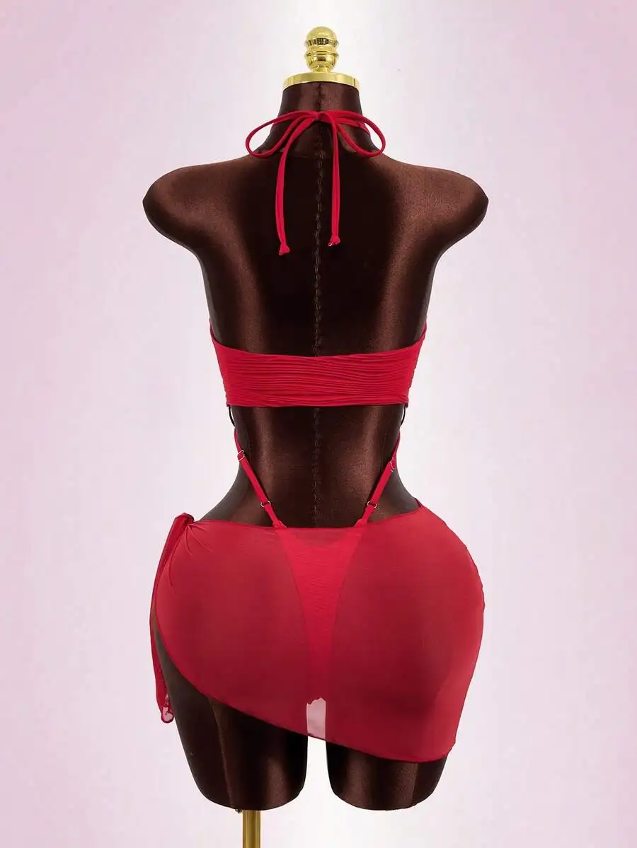 Red Solid Color Halter Bikini Set With Cover-Up Skirt For Women Beach Swimwear