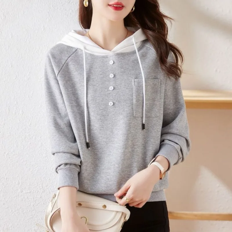 Sudaderas con capucha de Color contrastante para mujer, moda coreana, sudadera informal sencilla de primavera, Jersey holgado de manga larga para mujer, Tops XQ89
