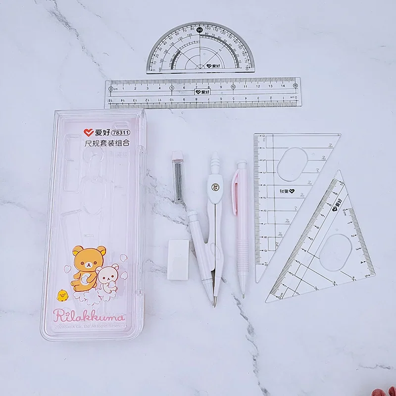 AIHAO 78311 Rilakkuma Metal Compass Ruler Triangle Ruler Set School Stationery For Junior Middle School Students