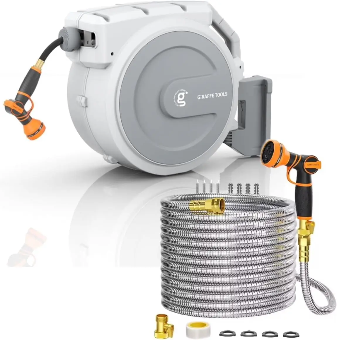 

Retractable Garden Hose Reel, 5/8 in x 90 ft Heavy Duty Hose Reel With 9 Pattern Nozzle andGarden Hose 100ft x 5/8", 304 Stainle