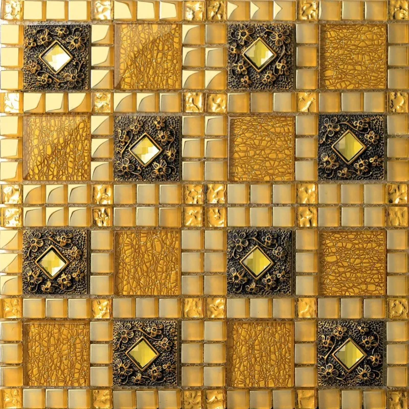 Azulejos de mosaico de vidrio de resina dorada Retro europea, azulejos de ladrillo de pared de chimenea de cocina, sala de estar, ducha