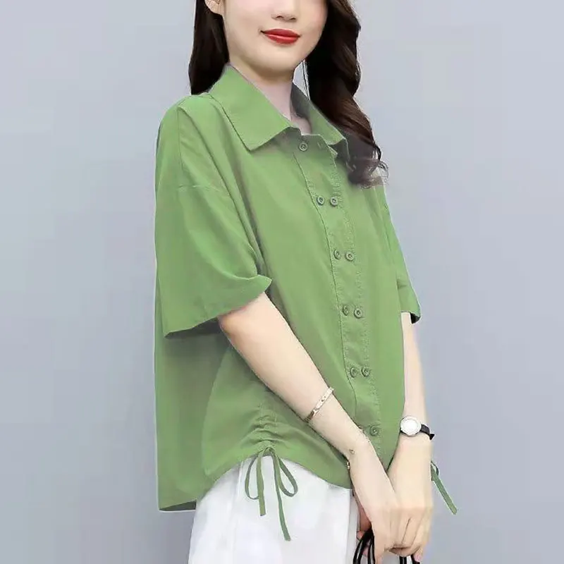 Stylish Shirring Drawstring Shirt Solid Color All-match Summer Casual Half Sleeve Female Clothing Commute Double Breasted Blouse