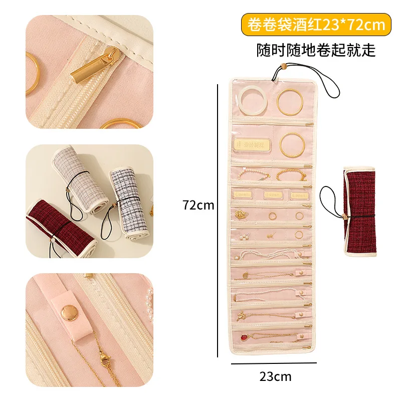 Fashion Plaid Fabric Storage Roll for Jewelry Bangles Necklace Earrings Display Bag Women Portable Travel Jewel Organizer Case
