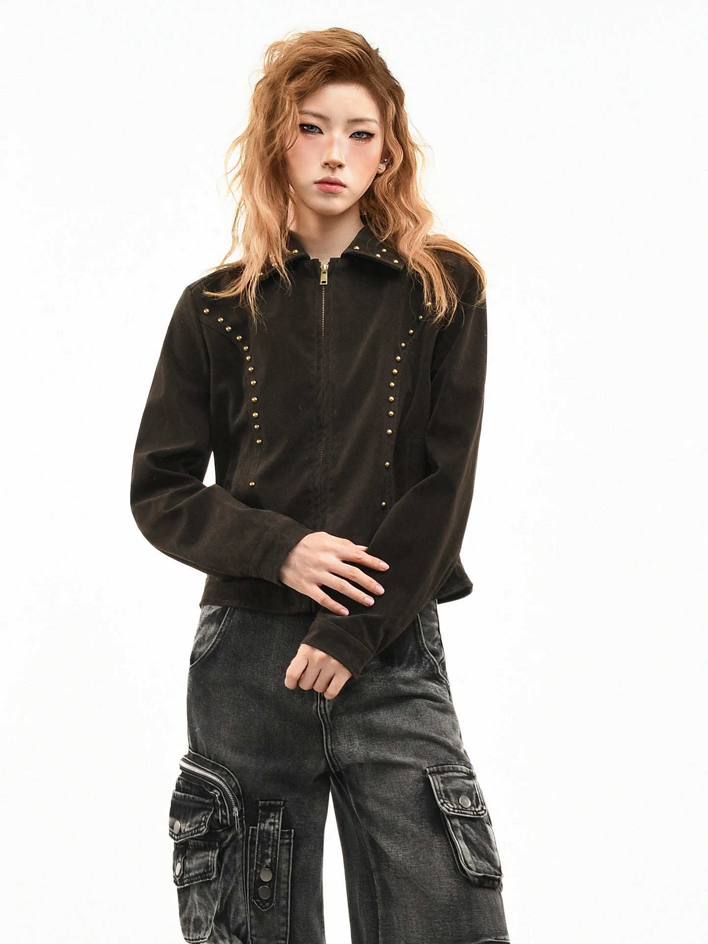 OV Original American Retro Rivet Design Leather Velvet Collar Jaet Women's Spring Harington Slim Fit ort Coat Trendy