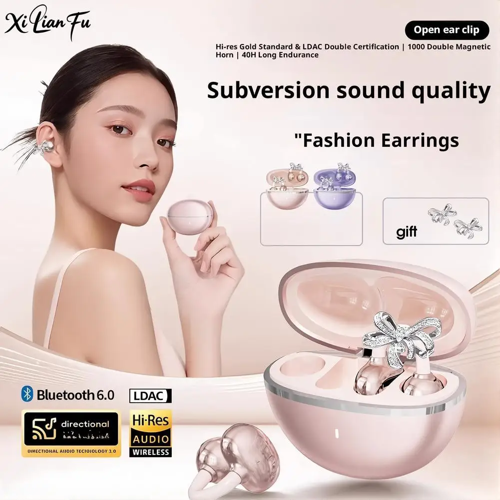 Clip-On Earbuds Jewelry Wireless Bluetooth 5.4 Comfortable Open Ear Headphones with Aurora Earrings 50h Play for Christmas Gifts