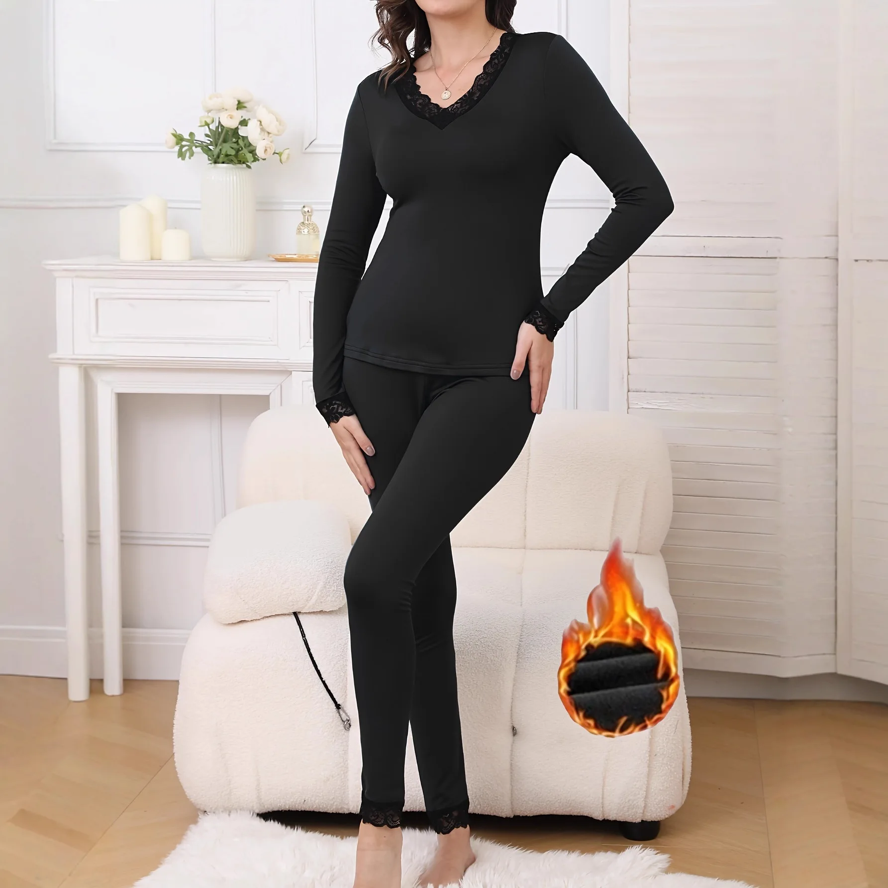 Ensemble de sous-vêtements thermiques pour femmes, coupe cintrée, à la mode, automne hiver, couche de Base chaude, chemise et pantalon, Ensemble transfrontalier