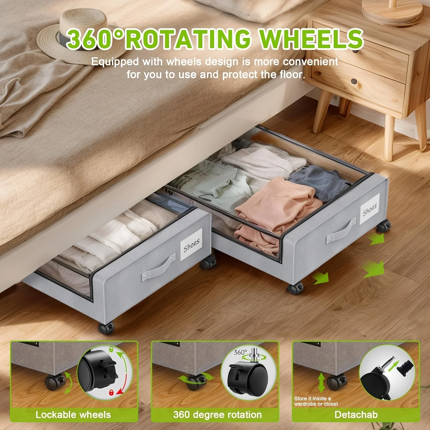 Underbed Storage Boxes with Pulley Shoes Blankets Toy Storage Shelves Dustproof with Lid Household Bedroom Folding Storage Boxes