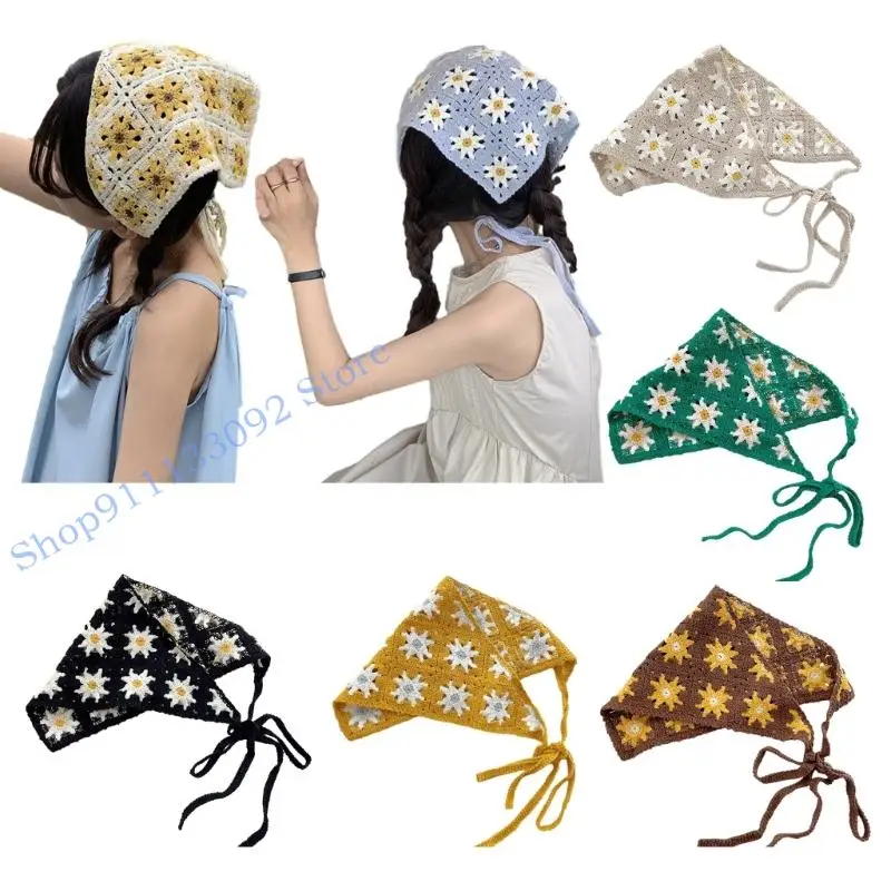 

H9ED Camping Crochet Flower Hair Scarf Handmade Triangle Hairband Y2k Woman Turban