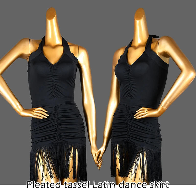 Women Black Latin Dance Skirt Tassel Wrap Ruched Ballroom Skirts Rumba Samba Tango Chacha Ruffles Skirts Belly Dance Costume