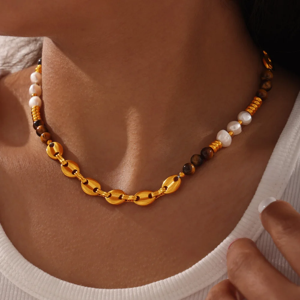 

Vintage Beads Necklace For Women Stainless Steel Pig Nose Chain Freshwater Tiger Eye Stone Agate Women Neck Choker Jewelry