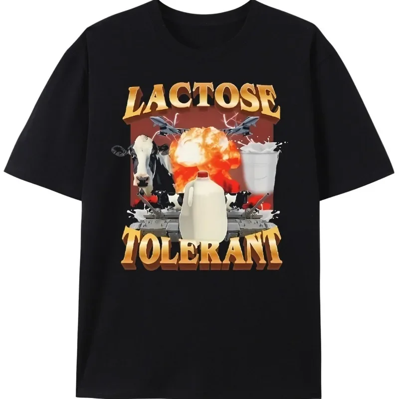 Lactose Tolerant Funny Meme T Shirt Cow Milk Explosion Graphic Short Sleeve Men Women Retro Hip Hop Outdoor Breathable Casual