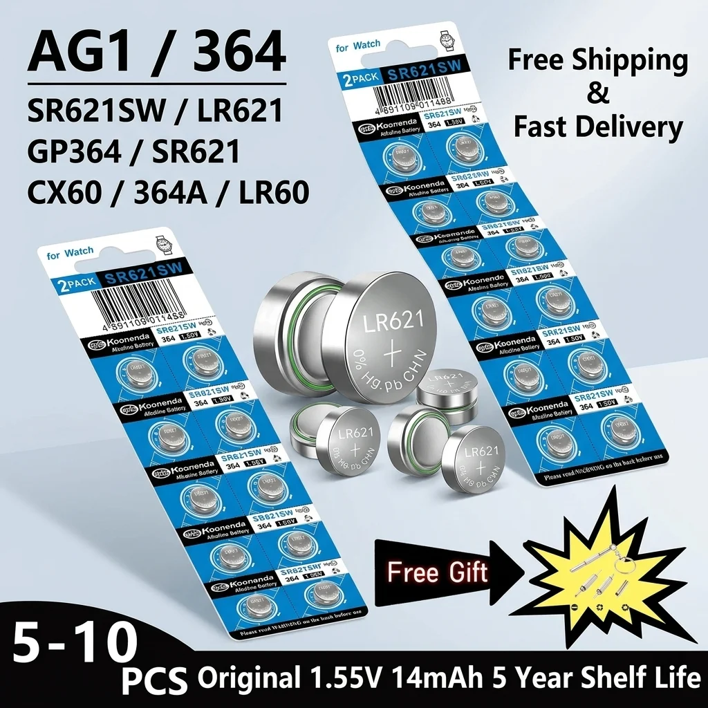 

5-10pcs AG1 LR621 364 SR621SW 1.55V Alkaline Button Cell Battery for Watch Remote Control Car Key Toys Electronic Coin Batteries
