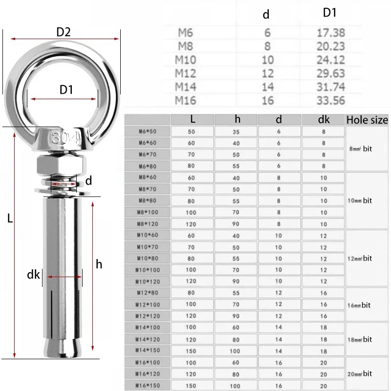 M6~M20 304 Stainless Steel Sleeve Anchor Concrete Expansion Eye Bolt Long Universal Ring Expansion Screws