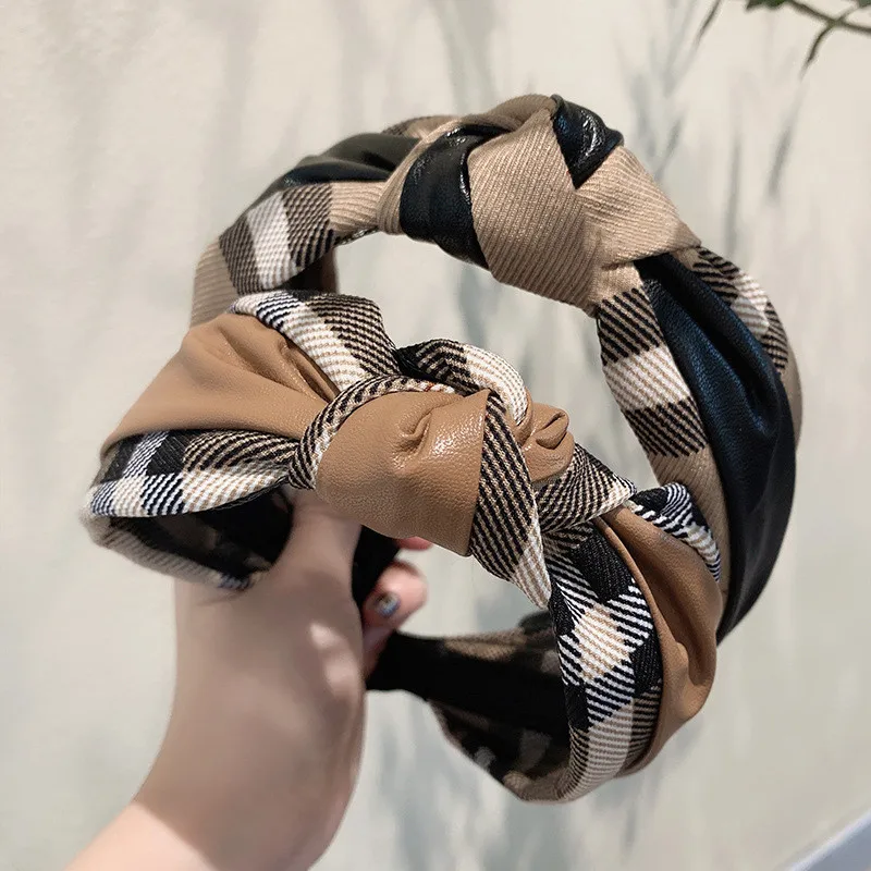 Stunning Wide Synthetic Leather Hairband Top Knotted Plaid Cloth Headband for Women Shopping Party Travel Headpiece Accessories