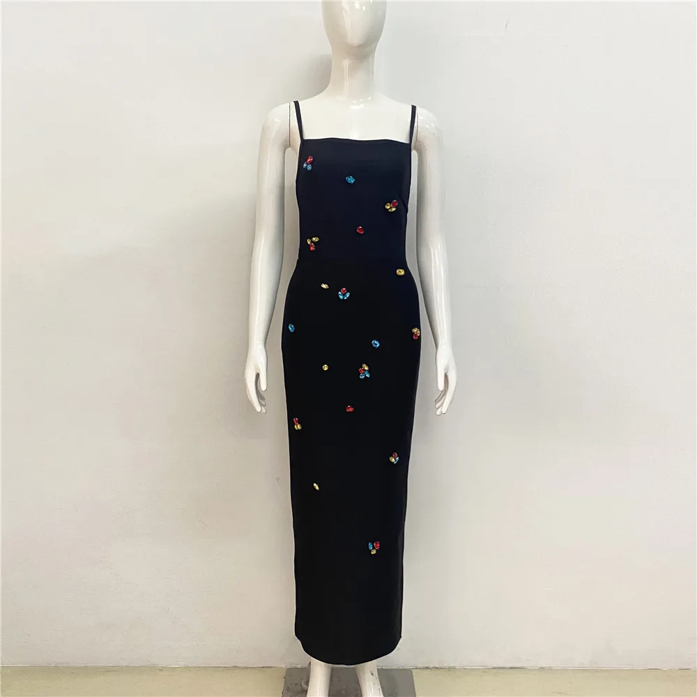 Celebrity Red Carpet Fashion Dress Women Sleeveless Sexy Strap Square Collar Colorful Rhinestones Bodycon Long Bandage Dress