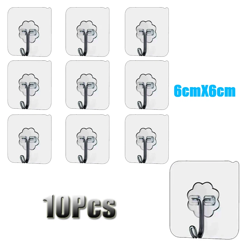 

10Pcs Transparent Stainless Steel Strong Self Adhesive Hooks Key Storage Hanger For Kitchen Bathroom Door Wall Multi-Function