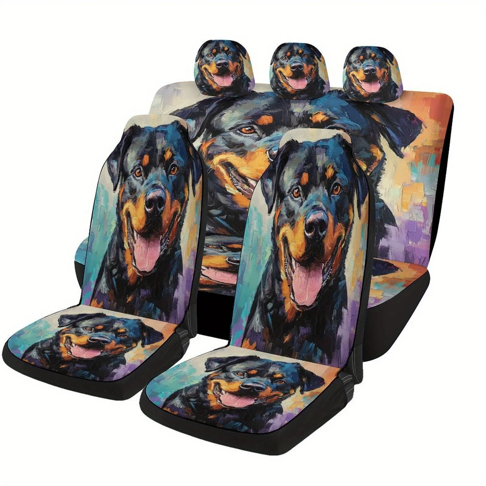 

Happy Rottweiler Themed Car Seat Cover Set - Vibrant Dog Print, Universal Fit For Most Cars, Machine Washable Polyester, Ideal F