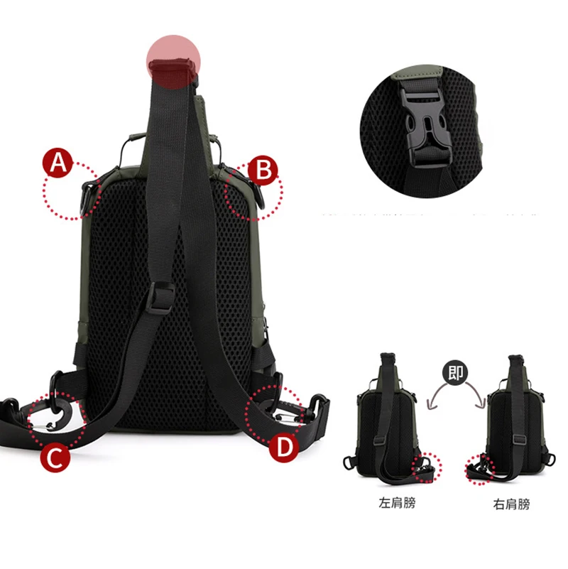 Mochila pequeña de nailon para hombre, bolso de hombro cruzado con puerto de carga USB, bolsa de pecho de mensajero lateral para viaje