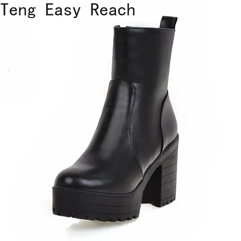 2025 Women Ankle Boots Square High Heel Lace Up Round Head Women Platform Black White Ladies Motorcycle Boots Size 34-43