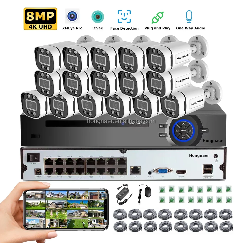 

2026 Hongnaer 8MP 4K One Way Audio Outdoor 16 Channel IP NVR Home Surveil Security Camera Set Kit System Wireless POE IP CCTV Sy