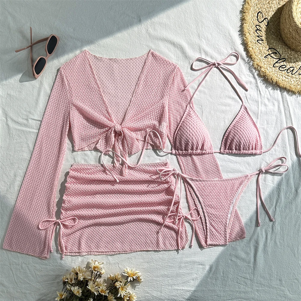 

Sexy Pink Bikinis Set Long Sleeve String Swimsuit Skirt Blue Beach Outfit Women Vacation Swimwears Cover Ups Bikini Bathing Suit