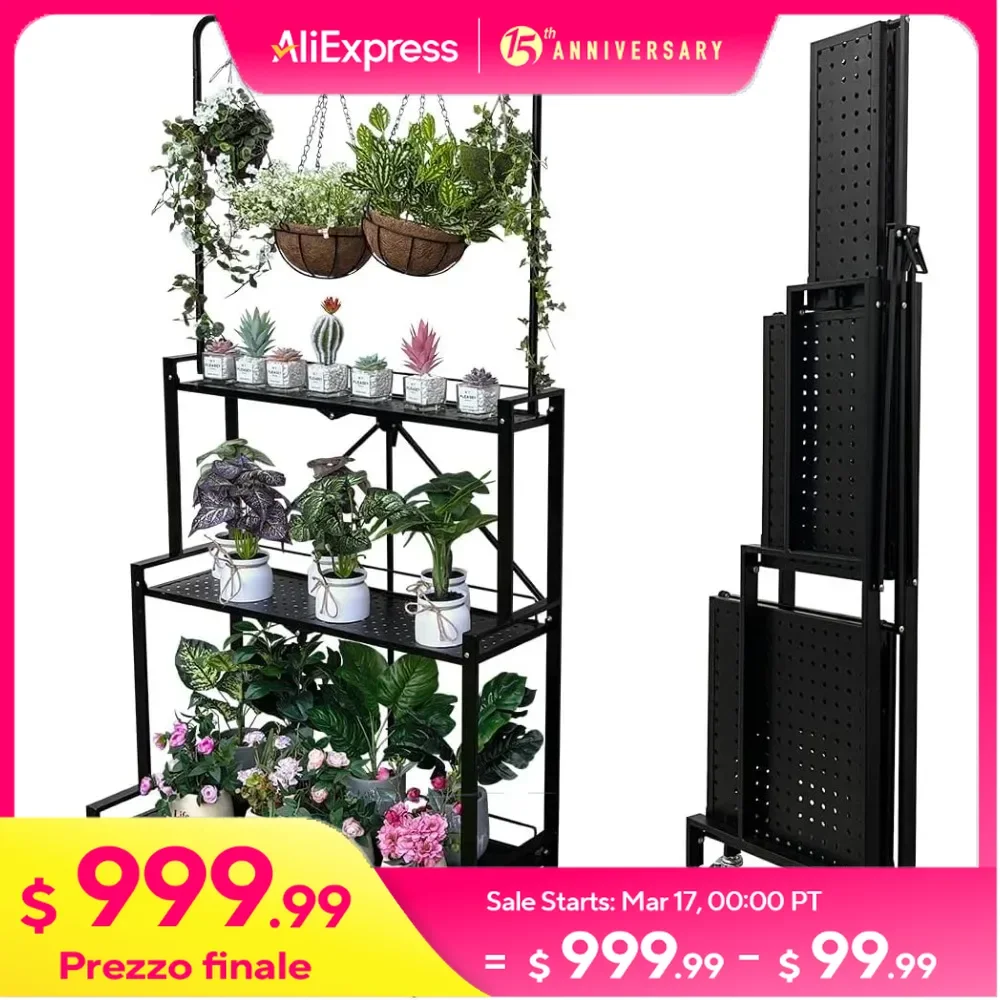 4-Tier Plant Stand Hanging Plant Shelf Placement Area with Wheels Flower Pot Stand