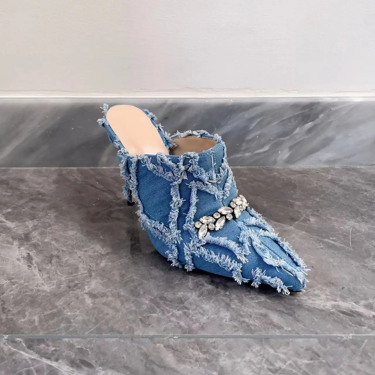 

Pointed Toe Bun Denim with Raw Edges, Back Hollow Thin Heels, Sexy and Fashionable Large Size Women's Sandals and Slippers