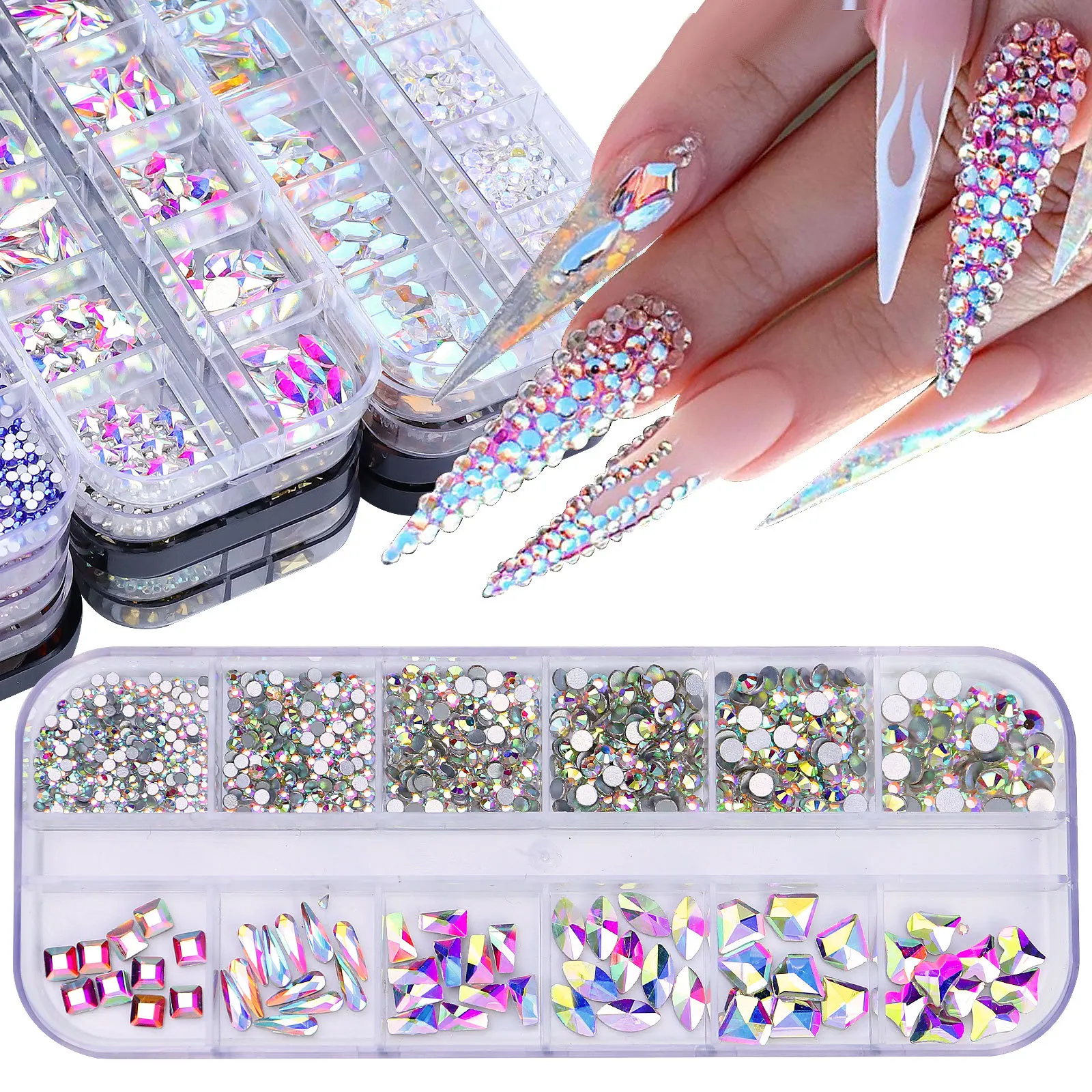 

12 Grids Christmas Nail Rhinestones Set - Mixed Round & Irregular Shapes, Red AB Flatback Diamonds, 3D Sparkling Charms for Fest