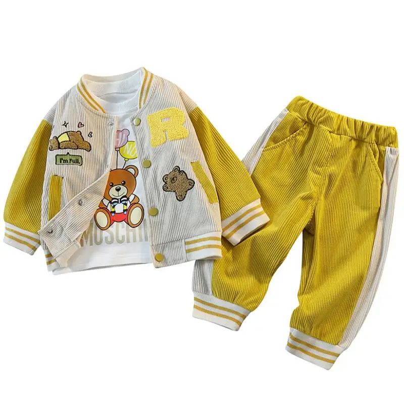 

Children's Spring and Autumn Set for Boys Korean Corduroy Cardigan Cartoon Coat+T-shirt+Pants Three piece Infant Sports Set 0-5Y