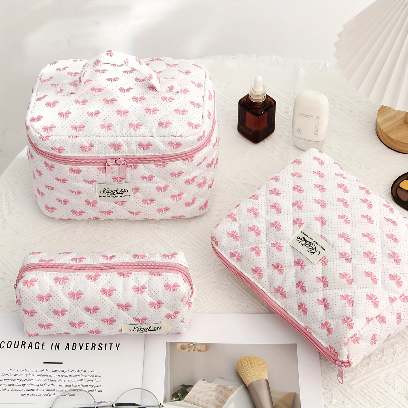 Borsa per il trucco trapuntata da viaggio grande 3 pezzi per le donne, borsa per cosmetici in cotone floreale, borsa per l\'organizzatore di articoli