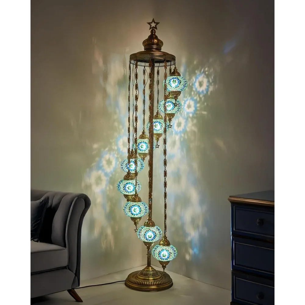 9-Globe Turkish Moroccan Mosaic Floor Lamp - 70'' Tall Handmade Bohemian Tiffany-Style Lighting for Bedroom