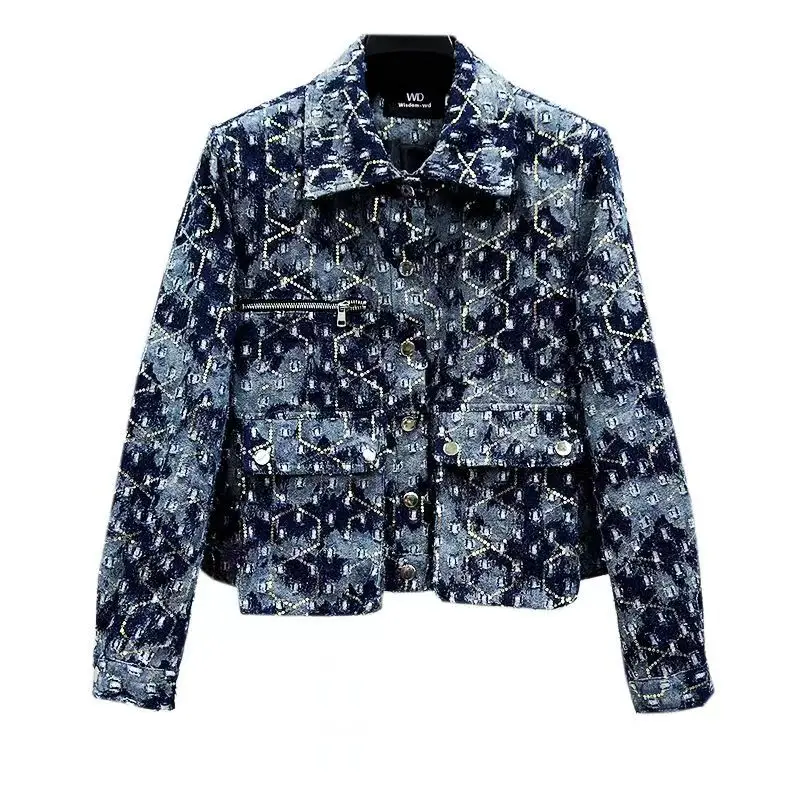 New Arrival Top Fashion Men Casual Denim Jacket retro cargo Single Breasted Cotton Print Turn-down Collar Short sequin Coat