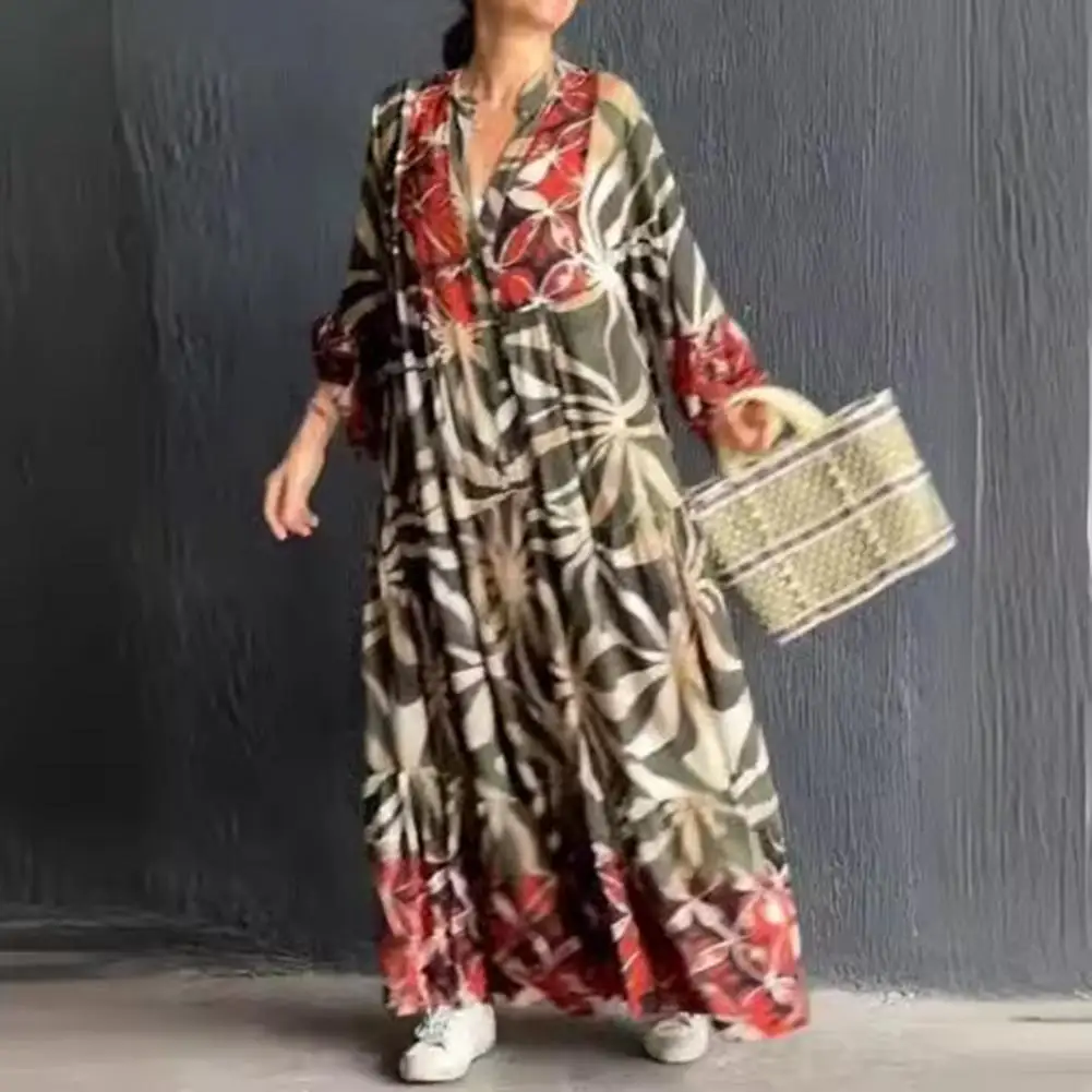 

Spring Fall Lady Dress V Neck Floral Printing Loose A-line Full Sleeves Pleated Patchwork Big Siwng Vacation Beach Maxi Dress