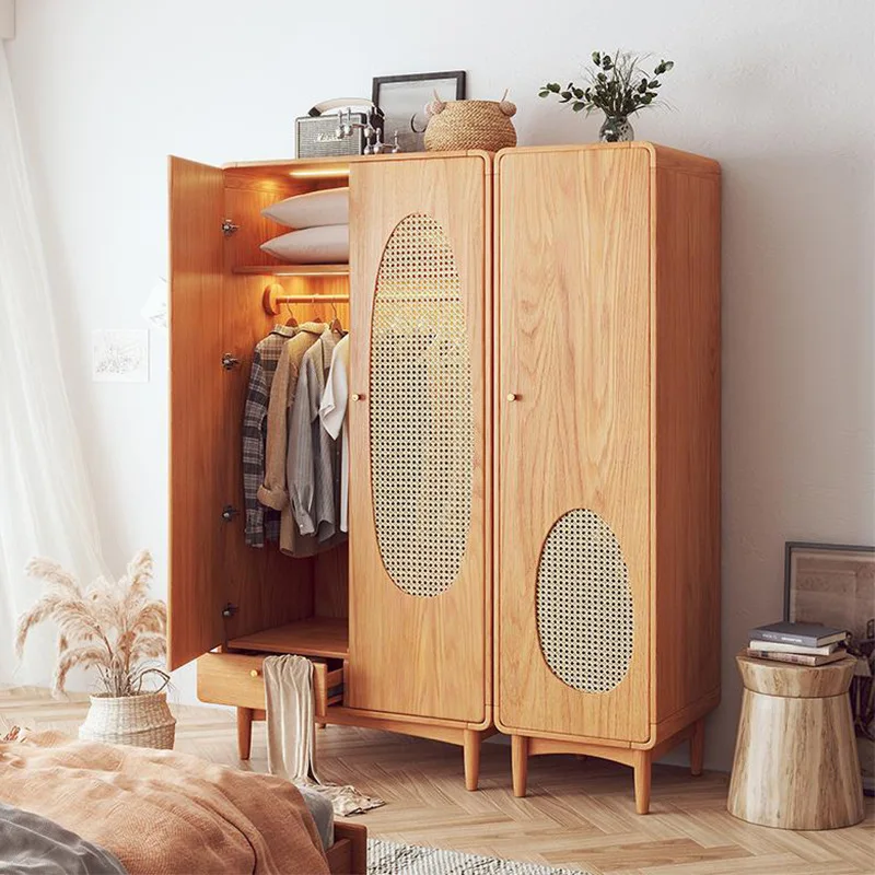 Solid wood rattan wardrobe simple household ash wood double door wardrobe Nordic bedroom storage cabinet locker