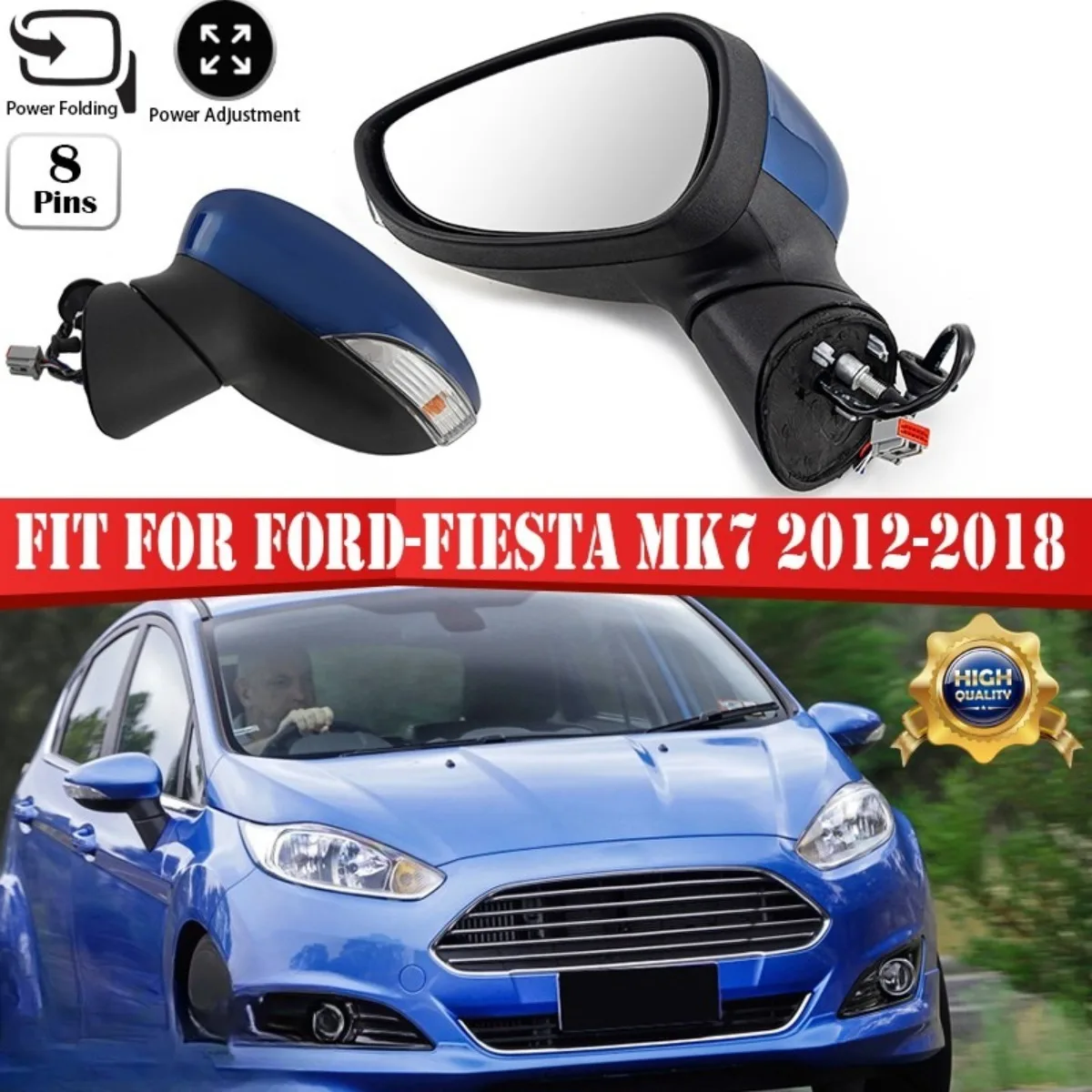 1xBlue Left /Right Side Rear View Mirror Glass Parts  8 Pins 10 Block For Ford Fiesta MK7 2013-2017  Wing Mirror Electric Heated