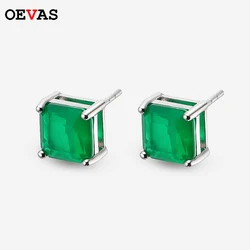 OEVAS 7*7mm emerald Stud Earrings for Women S925 Sterling Silver Lab Paraiba Tourmaline Gemstone Wedding Earrings Fine jewelry