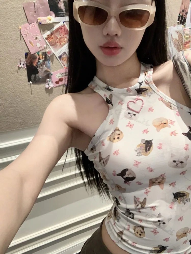 Sweet Y2k Aesthetic Cat Print Crop Top Summer Harajuku Kawaii Cute All Match Camisoles Japanese Chic Fashion Tanks Women Trendy